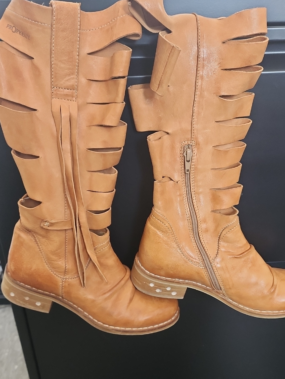 Tan Cutout Knee-High Boots with Fringe
